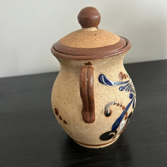 Tonala Mexican  Pottery Folk Art With Lid Double Handle Floral Bird Design - Picture 9 of 14